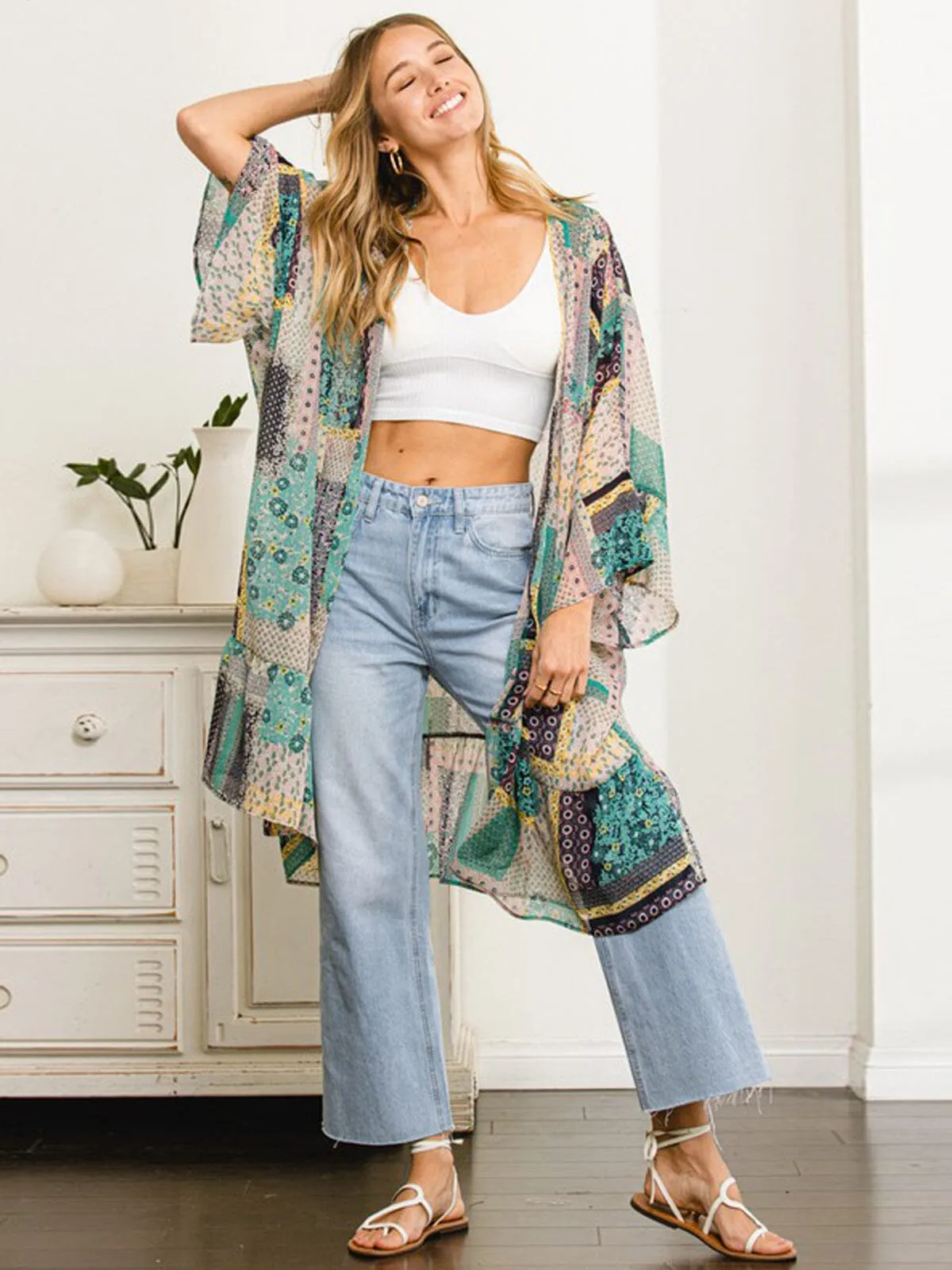 WOMEN'S 3/4 SLEEVE MULTI PRINT SHIMMER CARDIGAN