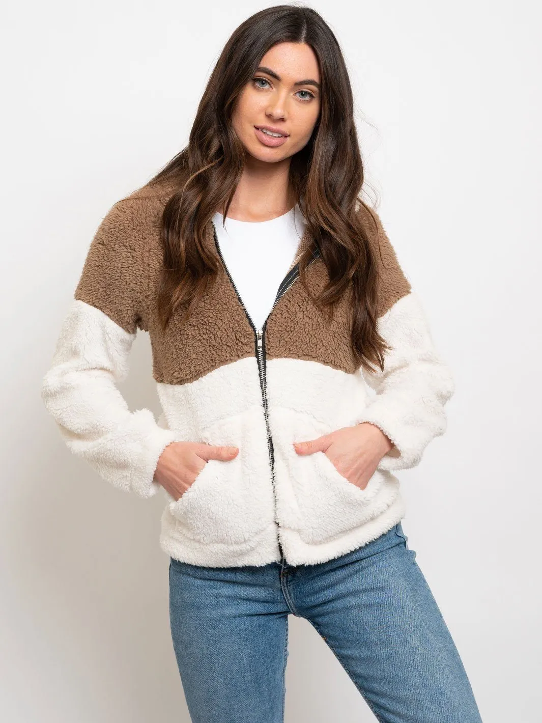 WOMEN'S COLORBLOCK SHERPA HOODIE JACKET