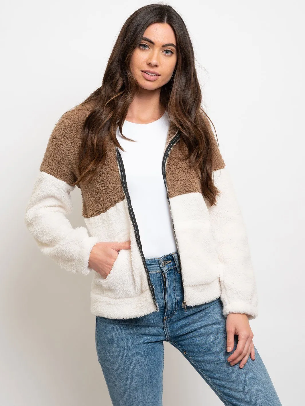 WOMEN'S COLORBLOCK SHERPA HOODIE JACKET