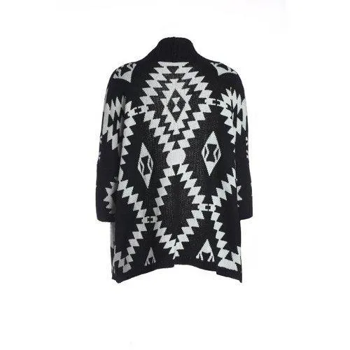 Women's Geometric Pattern Open Front Loose Sweater Wrap Cape Cardigan - Black One Size