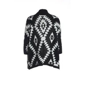 Women's Geometric Pattern Open Front Loose Sweater Wrap Cape Cardigan - Black One Size