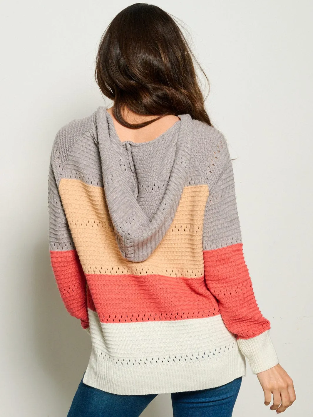 WOMEN'S LONG SLEEVE V-NECK HOODED COLORBLOCK ANIMAL PRINT SWEATER