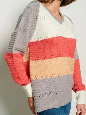 WOMEN'S LONG SLEEVE V-NECK HOODED COLORBLOCK ANIMAL PRINT SWEATER