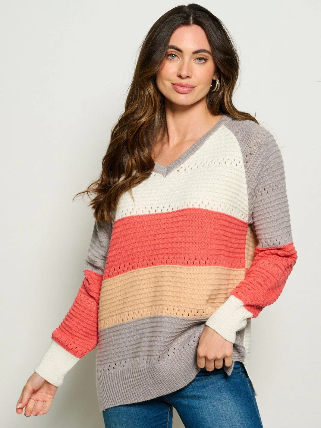 WOMEN'S LONG SLEEVE V-NECK HOODED COLORBLOCK ANIMAL PRINT SWEATER