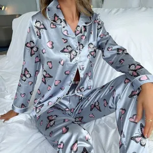 Womens Silk Satin Pajamas Loungewear Two-piece Sleepwear Women's Long Sleeve Soft Button-Down Pj Set Pijama
