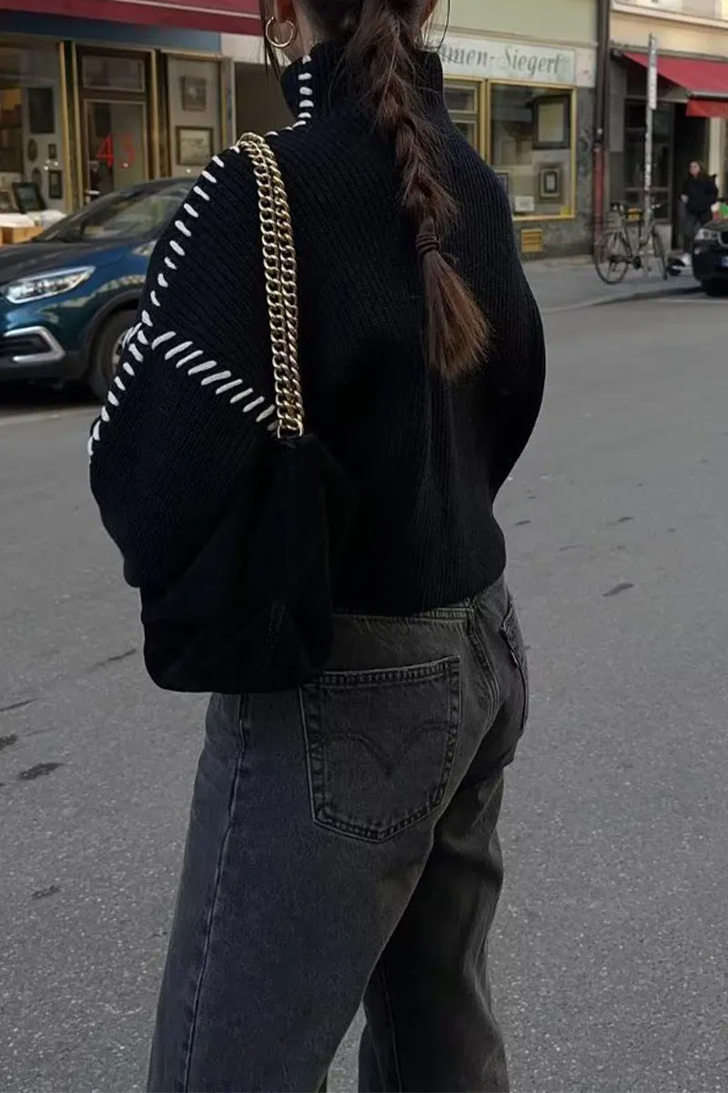 WS3394 Contrast Stitching Sweater Outerwear